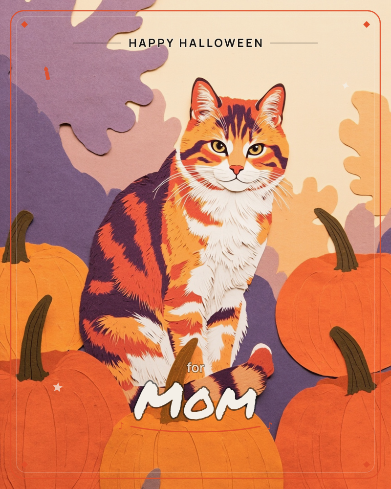 A layered paper-cut orange tabby cat sits perched among a cluster of pumpkins, its striped fur rendered in sharp cut-paper strokes of rust, cream, and…, a halloween e-card design