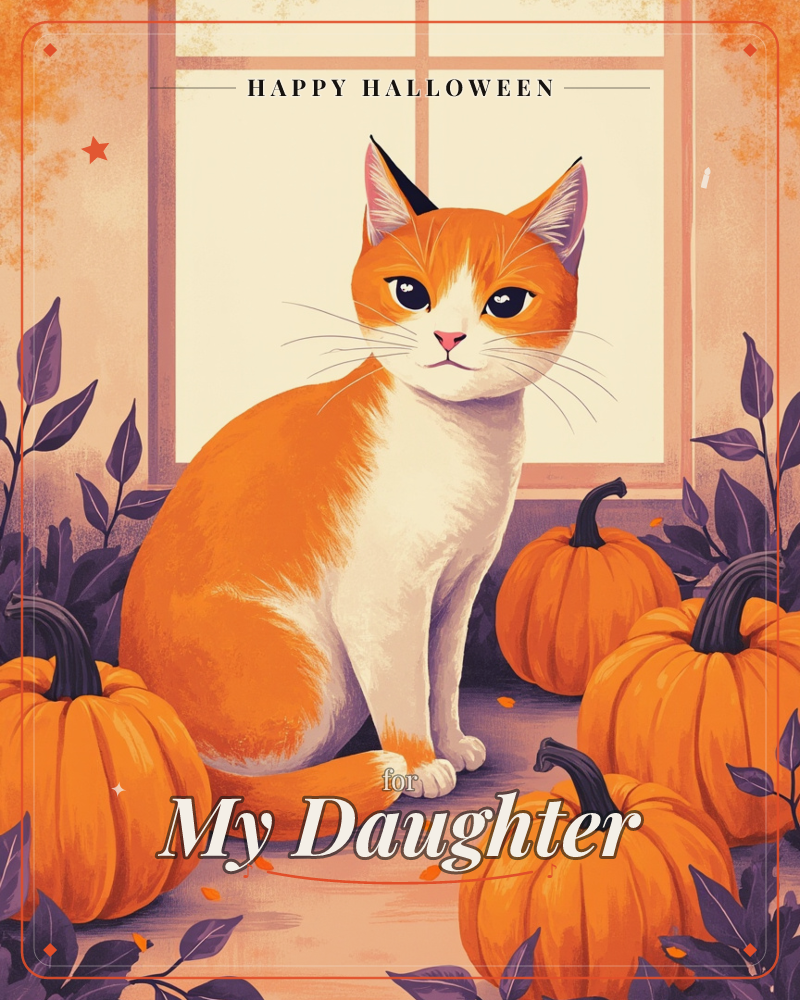 An orange and white cat sits primly in front of a sunlit window, surrounded by a cluster of plump pumpkins and dark autumn leaves, a halloween e-card design