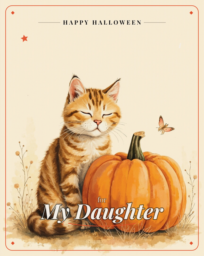 A ginger tabby cat sits contentedly beside a plump orange pumpkin, eyes closed in a peaceful smile as a small butterfly hovers near the pumpkin's…, a halloween e-card design