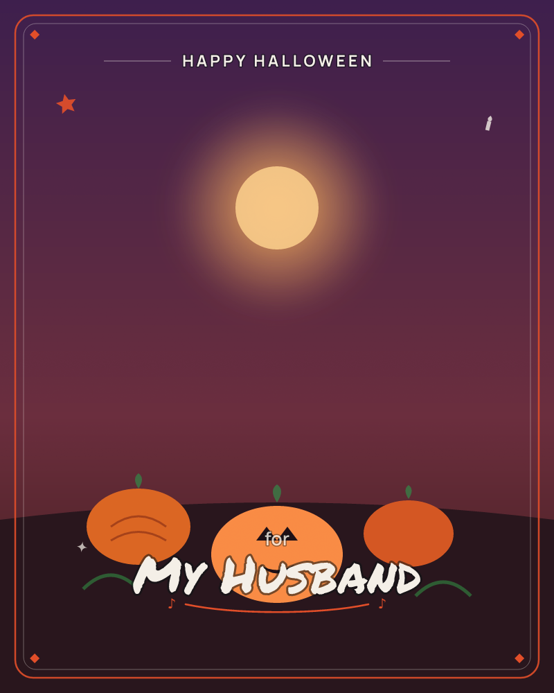 A trio of pumpkins sits on a dark hill beneath a glowing full moon, its warm light spilling down into a purple-plum sky, a halloween e-card design by @DittyCityTeam