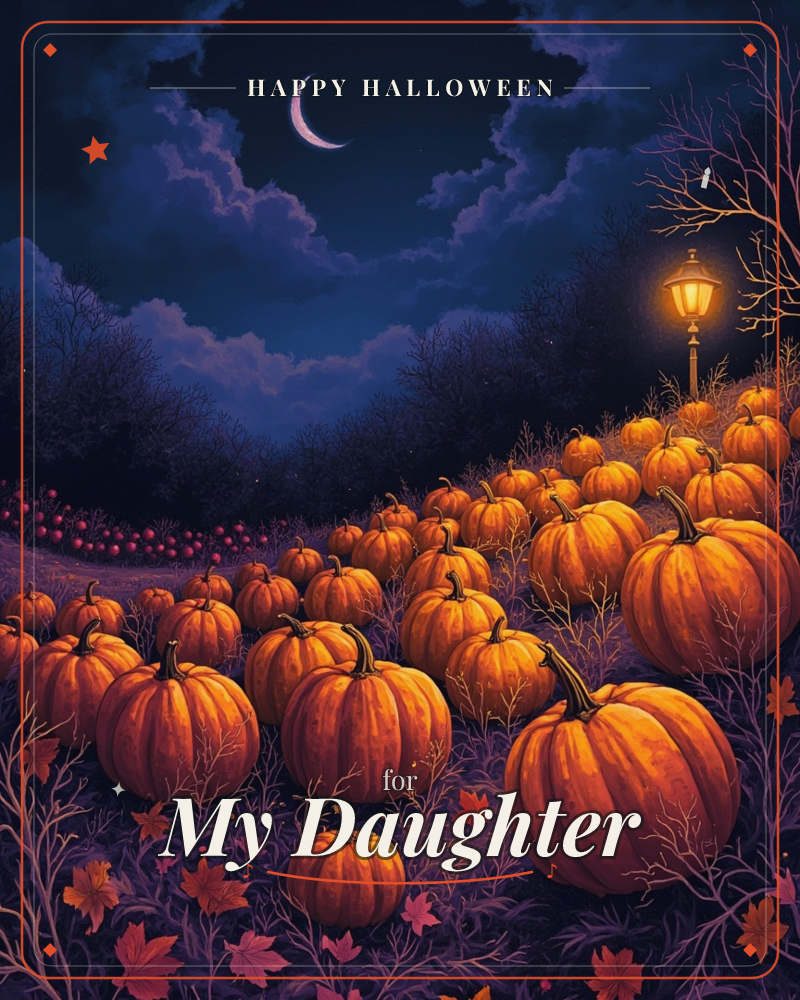 A hillside pumpkin patch glows under a deep indigo night sky, a crescent moon hanging above drifting clouds, a halloween e-card design