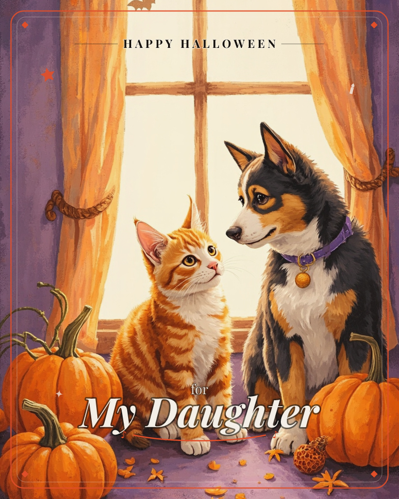 An orange tabby kitten and a tricolour dog sit side by side on a windowsill surrounded by pumpkins, gazing at each other in the warm glow of autumn…, a halloween e-card design