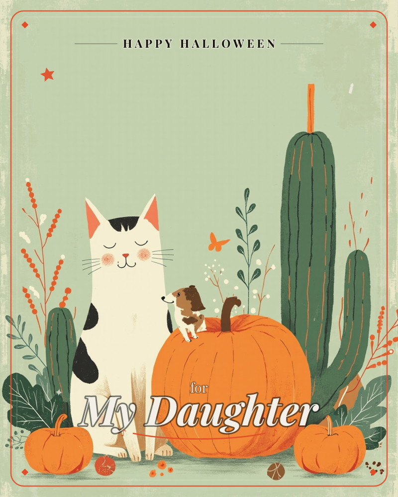 A content black-and-white cat sits with eyes closed and a soft smile, while a small puppy perched on a large orange pumpkin gazes up at it, a halloween e-card design