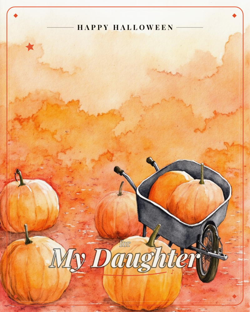 A watercolour pumpkin patch glows in shades of orange, with a grey wheelbarrow loaded with two round pumpkins parked among scattered pumpkins on the…, a halloween e-card design