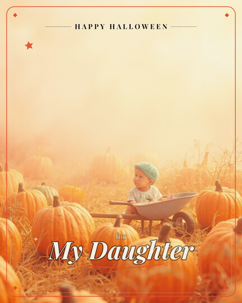 A young child in a soft mint knit cap sits inside an old metal wheelbarrow, parked in the middle of a hazy pumpkin patch, a halloween e-card design