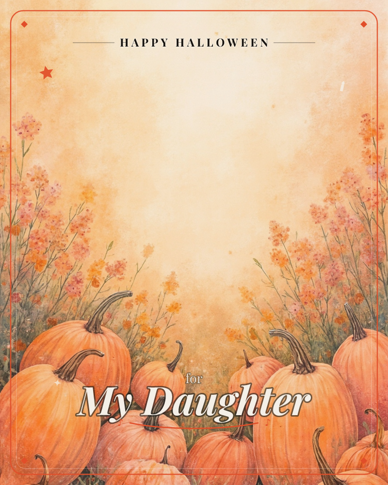 A cluster of round orange pumpkins with curling brown stems lines the bottom of the card, framed by tall wildflower sprays in coral and gold, a halloween e-card design