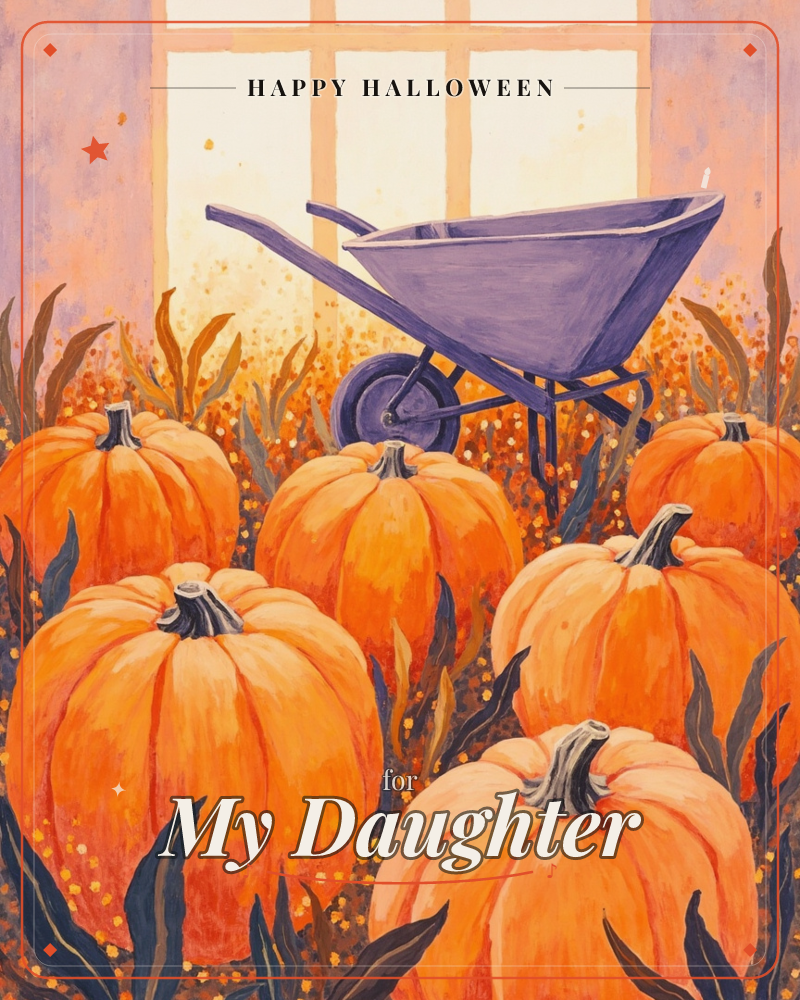 A cluster of round orange pumpkins fills the foreground of a patch, their stems standing up among dark leaves and tangled autumn stalks, a halloween e-card design