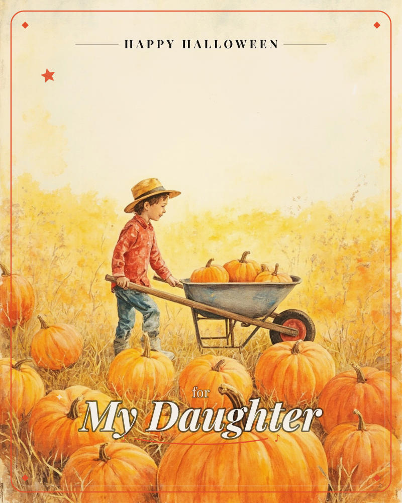 A child in a straw hat and red plaid shirt pushes a wheelbarrow loaded with pumpkins through a golden autumn field, surrounded by rows of plump orange…, a halloween e-card design