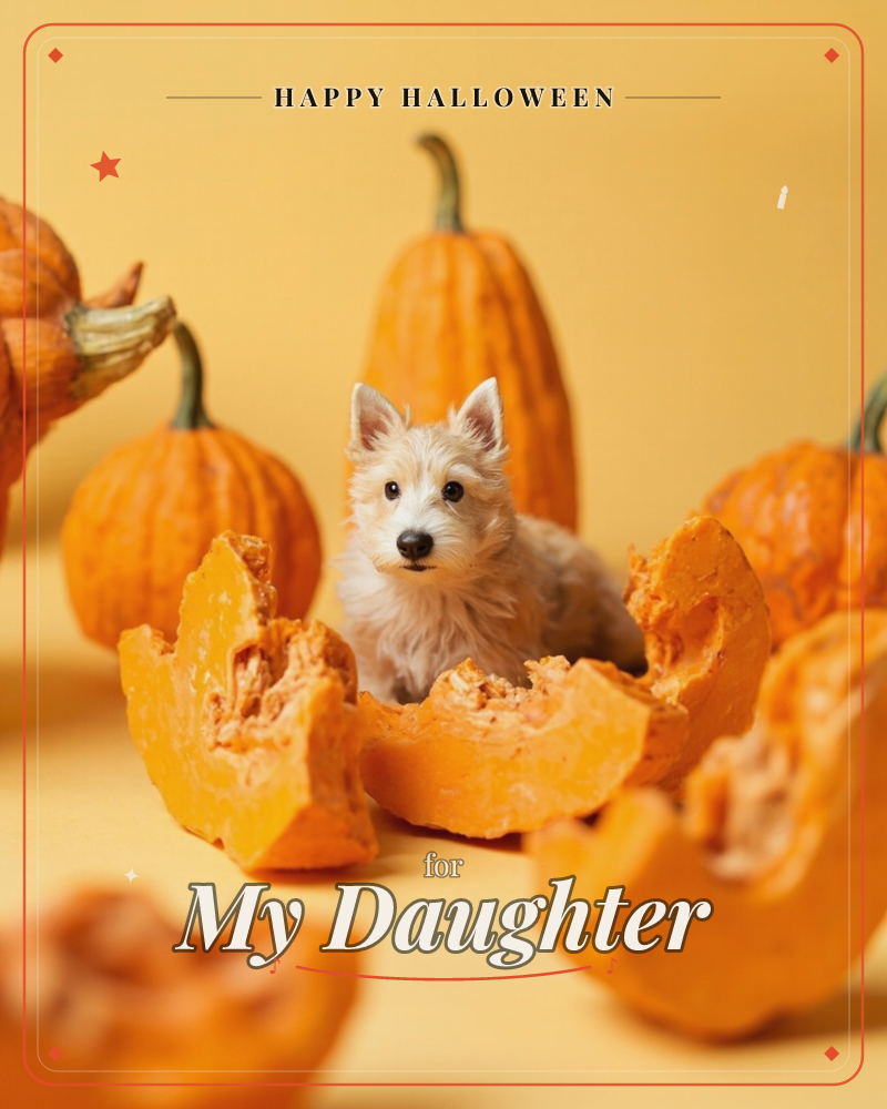 A small white terrier sits nestled inside a hollowed-out, cracked-open pumpkin, surrounded by whole tall pumpkins and broken orange shell pieces on a…, a halloween e-card design