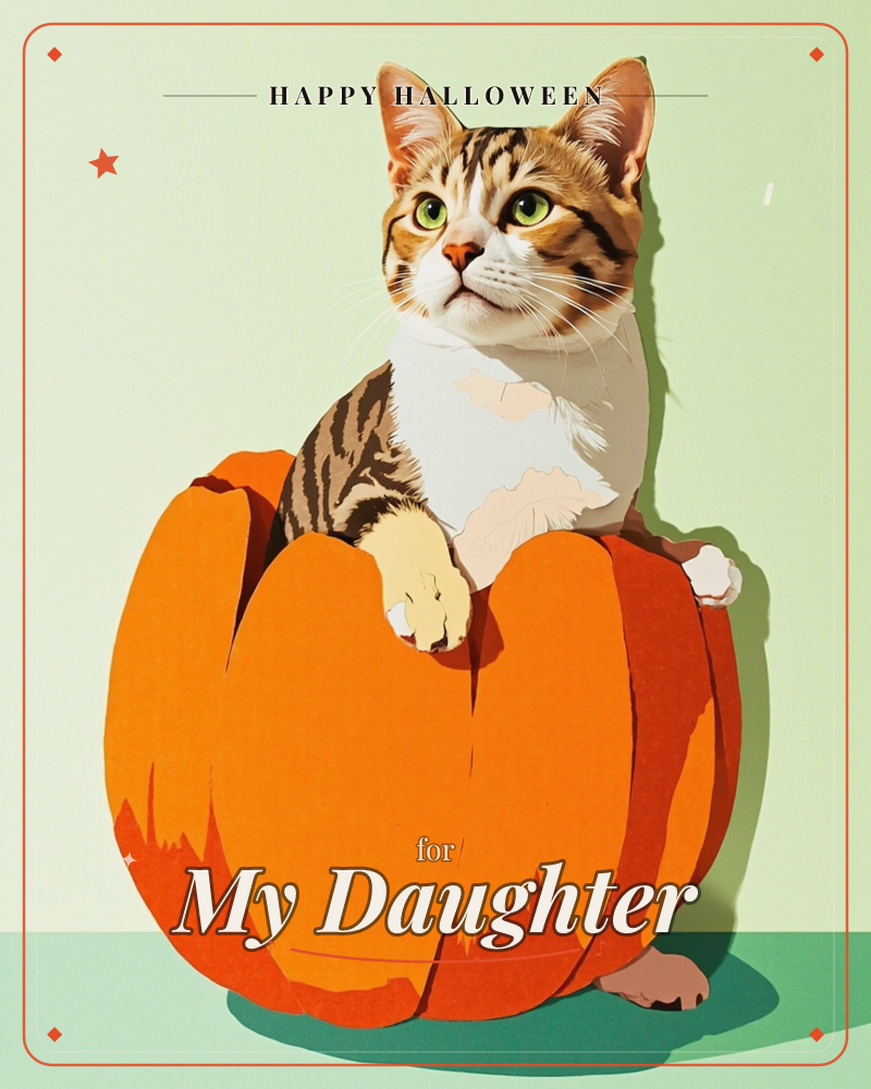 A tabby-and-white cat perches inside a large, deeply ridged orange pumpkin, its paws draped over the rim as it gazes up and off to the side, a halloween e-card design