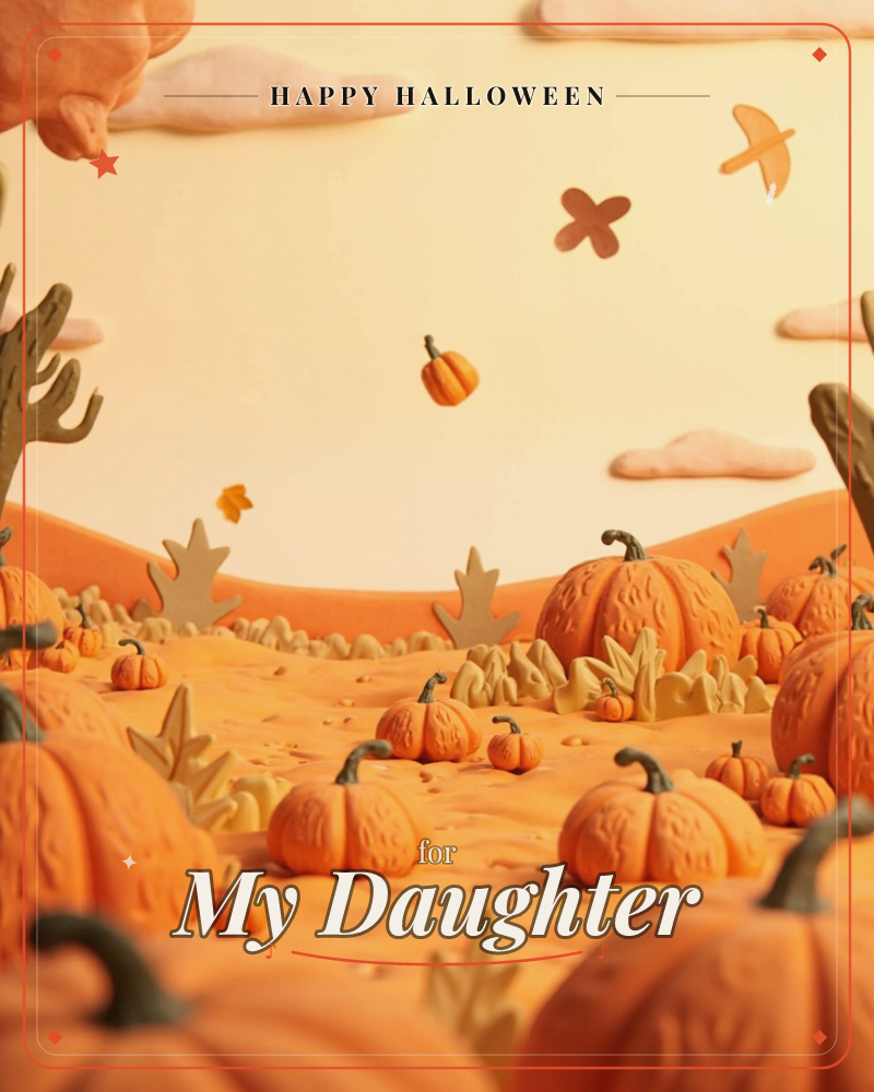 A claymation-style pumpkin patch rolls across sculpted orange hills, dotted with pumpkins of every size and a few bare, gnarled trees, a halloween e-card design
