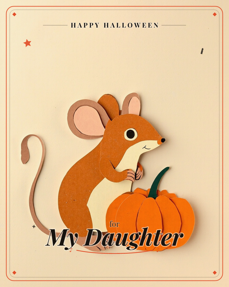 A layered paper-cut mouse stands upright against a soft cream background, one paw resting on a small orange pumpkin with a curled green stem, a halloween e-card design