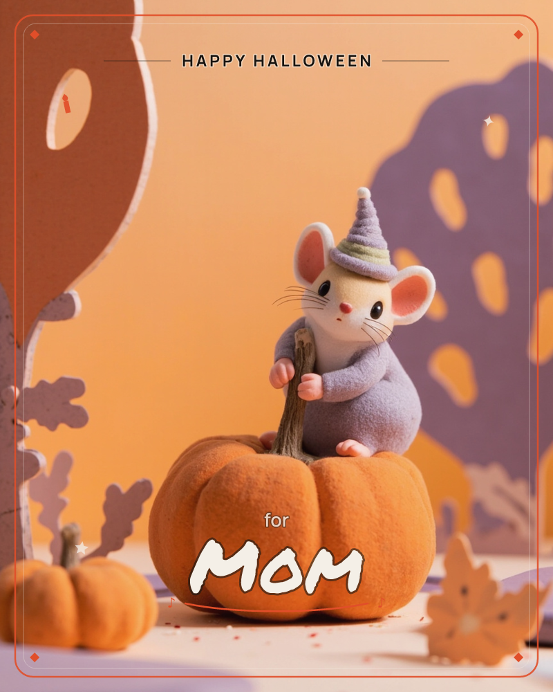 A felted mouse in a lavender witch hat and coat perches atop a plump orange pumpkin, gripping its stem with tiny paws, a halloween e-card design
