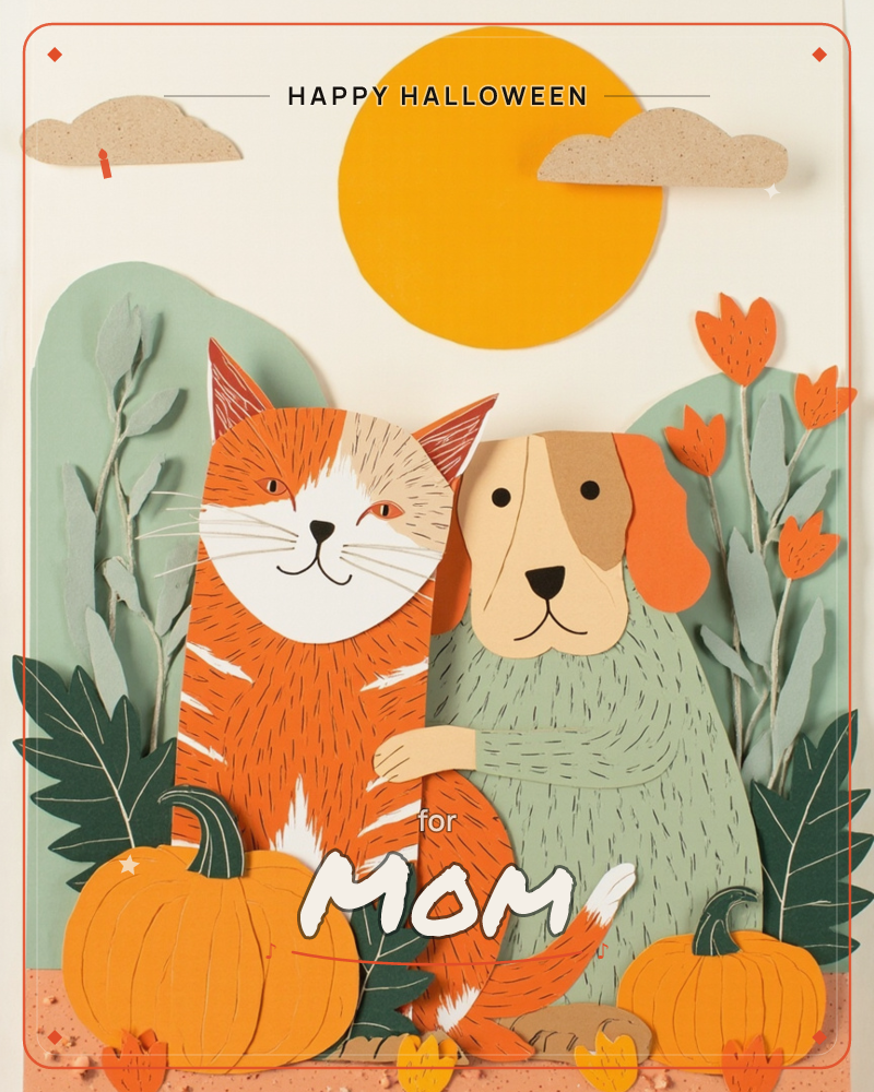 A paper-craft illustration shows an orange tabby cat and a floppy-eared dog standing arm in arm against a sage-green hillside, a bright golden sun…, a halloween e-card design