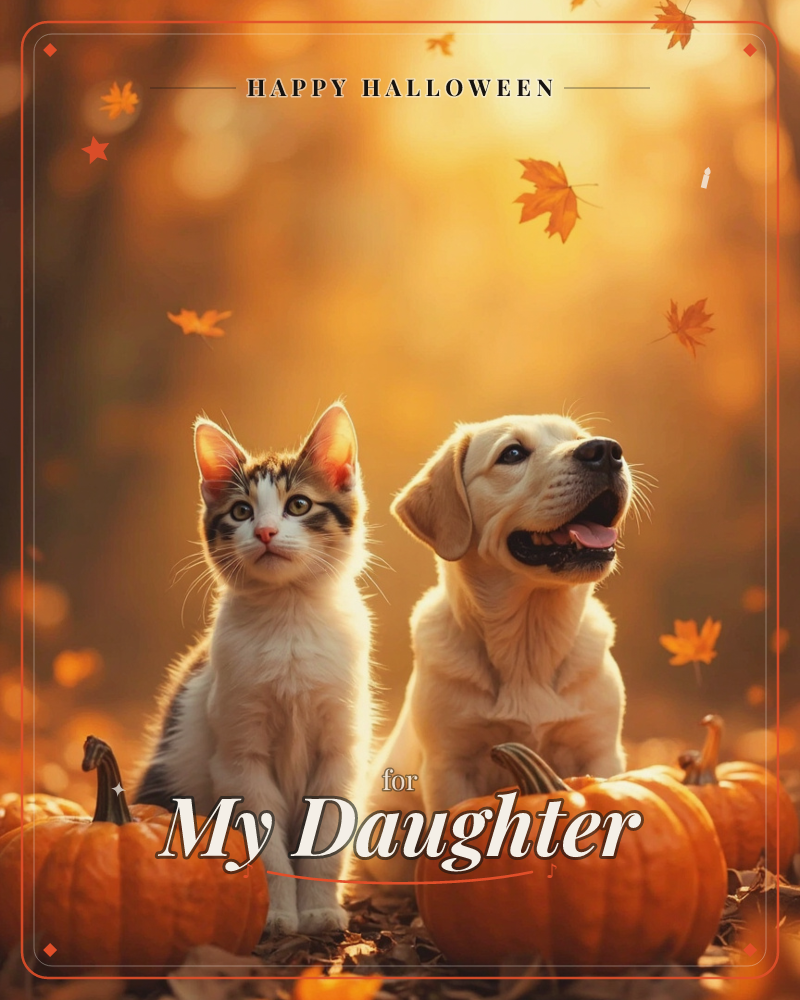 A kitten and a golden puppy sit side by side among pumpkins in a golden autumn forest, both gazing upward as maple leaves drift down around them, a halloween e-card design