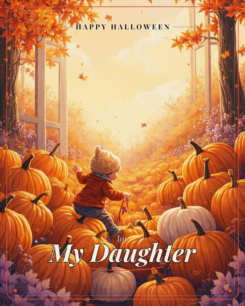 A small child in a knitted hat and orange jacket clambers over a sea of pumpkins in a glowing autumn patch, arms raised as leaves drift down from…, a halloween e-card design