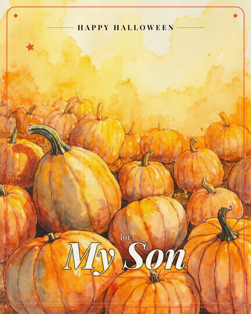 A watercolour pumpkin patch fills the page with rounded orange pumpkins of every size, their ridged skins washed in gold, rust and soft grey shadow, a halloween e-card design