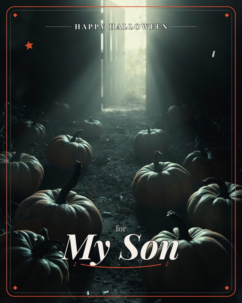 A dim barn floor is scattered with rows of pumpkins, their curled stems catching a shaft of pale light pouring through a half-open door at the far end, a halloween e-card design