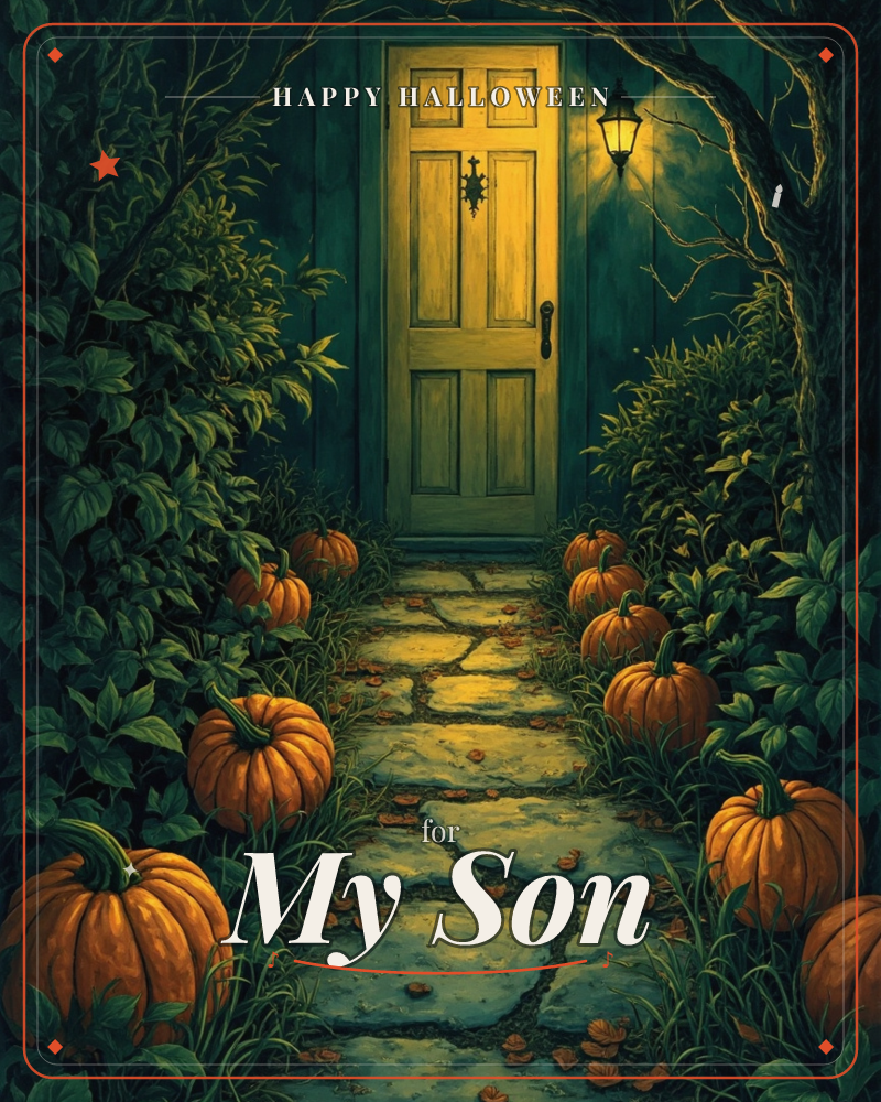 A cracked stone path leads through overgrown ivy to a glowing yellow door lit by a single lantern, a halloween e-card design