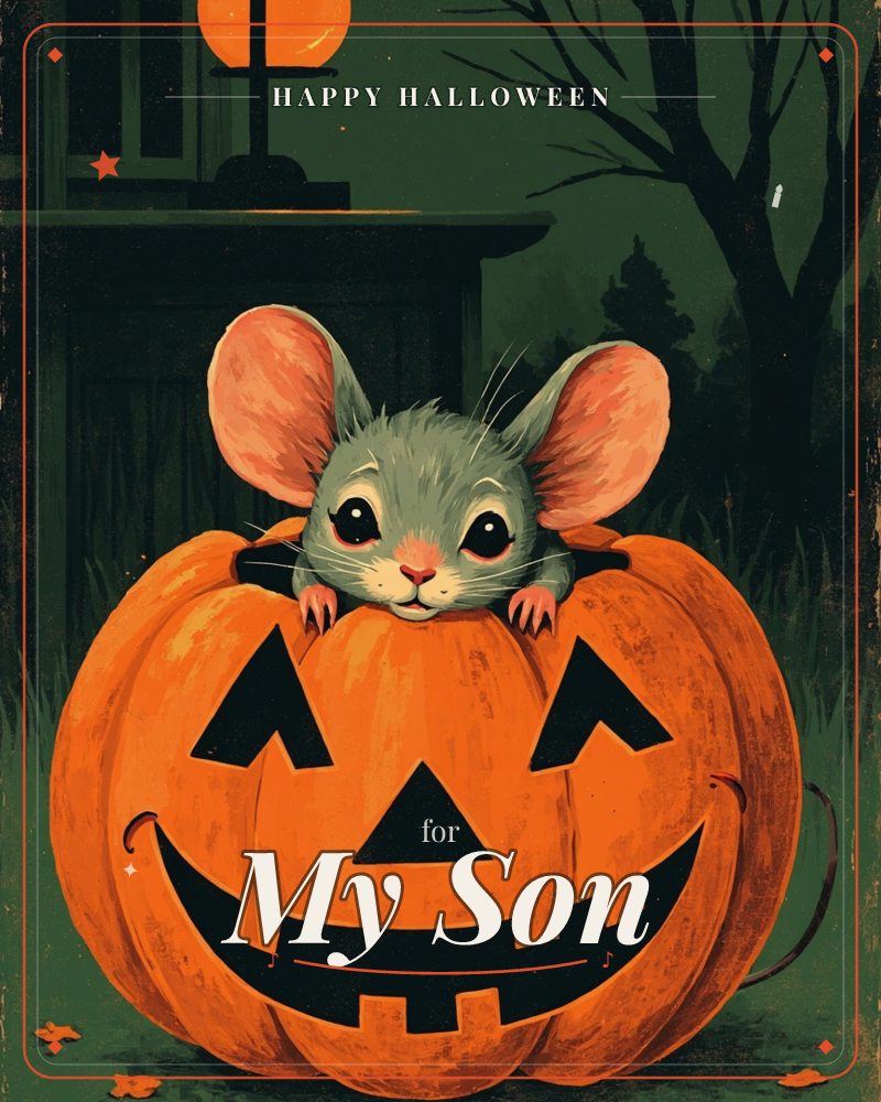 A big-eared grey mouse peeks out from inside a grinning jack-o'-lantern, its paws draped over the carved smile, a halloween e-card design