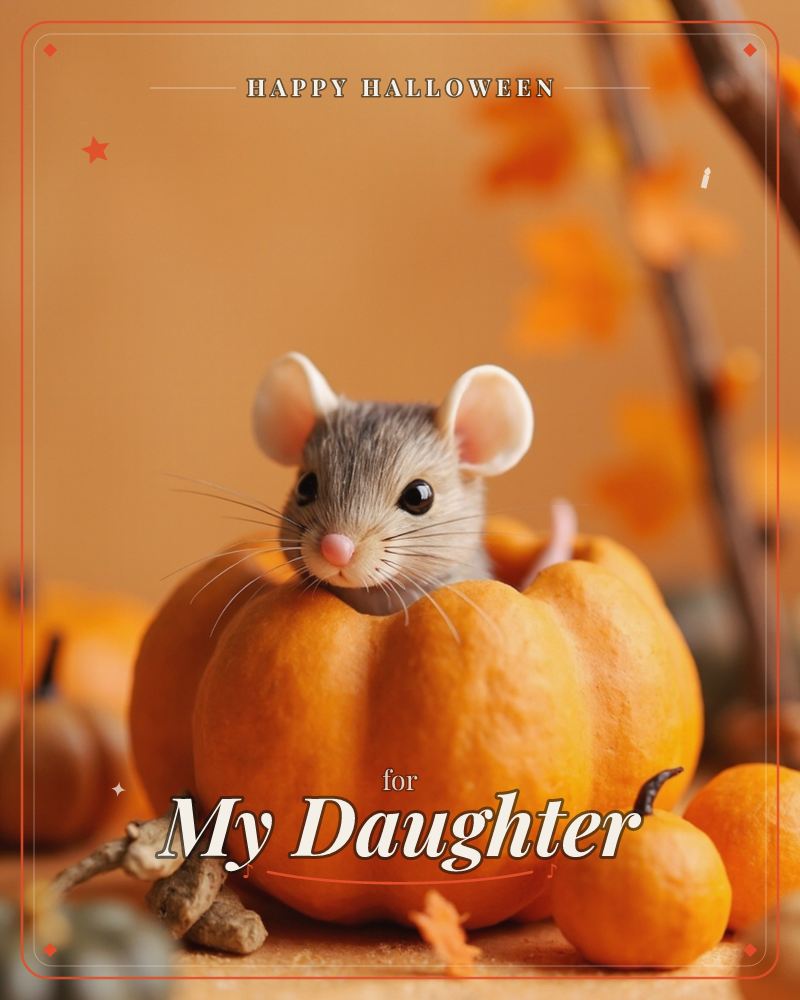 A small grey mouse peeks out from the hollowed top of a bright orange pumpkin, its round ears and pink nose catching the warm autumn light, a halloween e-card design