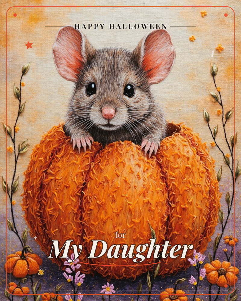 A wide-eyed mouse peers out from inside a big textured pumpkin, its little paws gripping the rim like a tiny hiding spot, a halloween e-card design