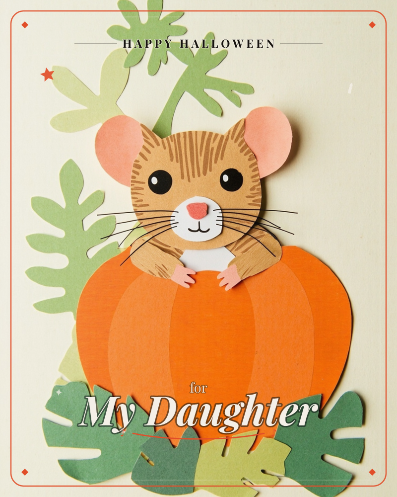A paper-craft mouse with round pink ears and long whiskers peeks over the top of a bright orange pumpkin, its little paws resting on the rim, a halloween e-card design