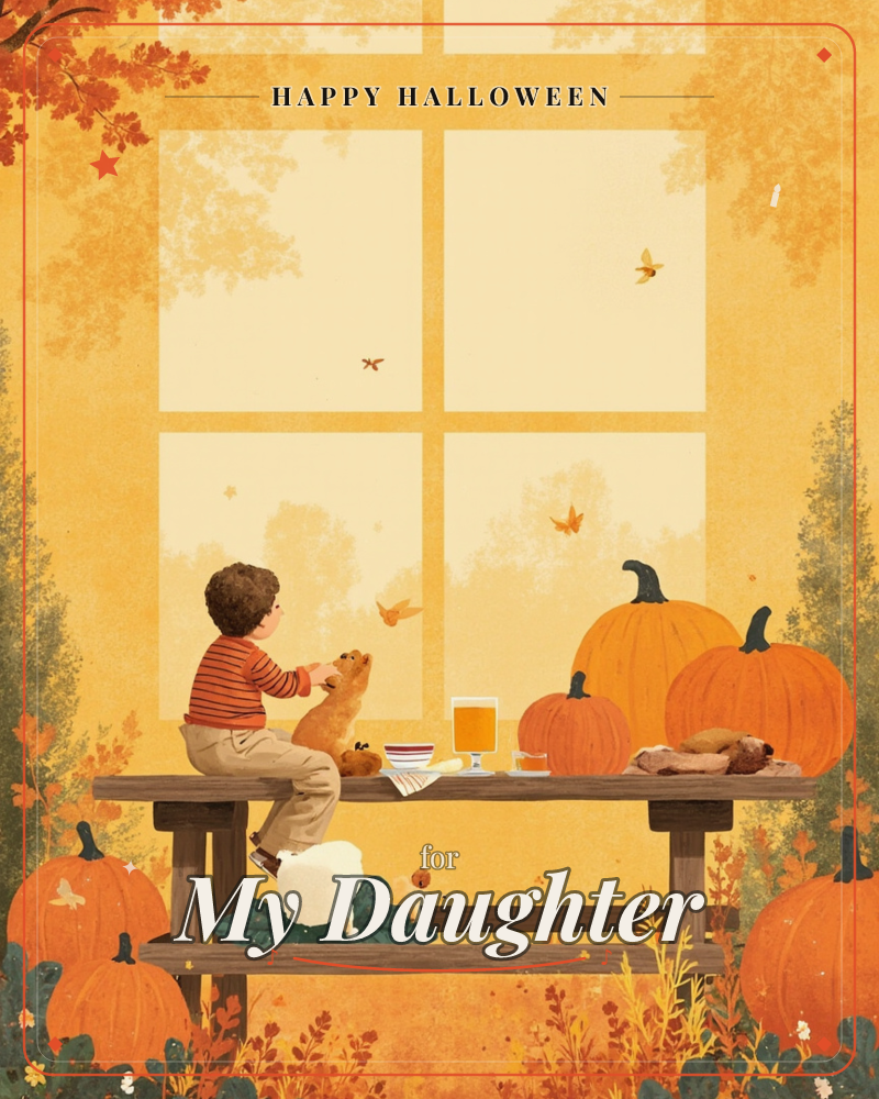 A child in a striped sweater sits on a wooden bench beside a small dog, playing together with pumpkins, a book, and a warm drink lined up nearby, a halloween e-card design