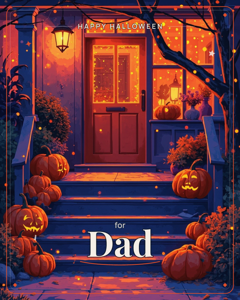 A porch glows with a warm red-orange light spilling from a front door and window, illuminating strings of tiny fairy lights scattered like embers…, a halloween e-card design