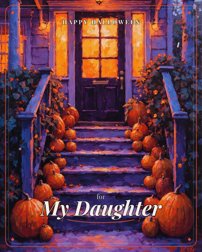 A porch staircase glows purple in twilight, its steps lined with heaps of orange pumpkins leading up to a front door lit warm gold from within, a halloween e-card design