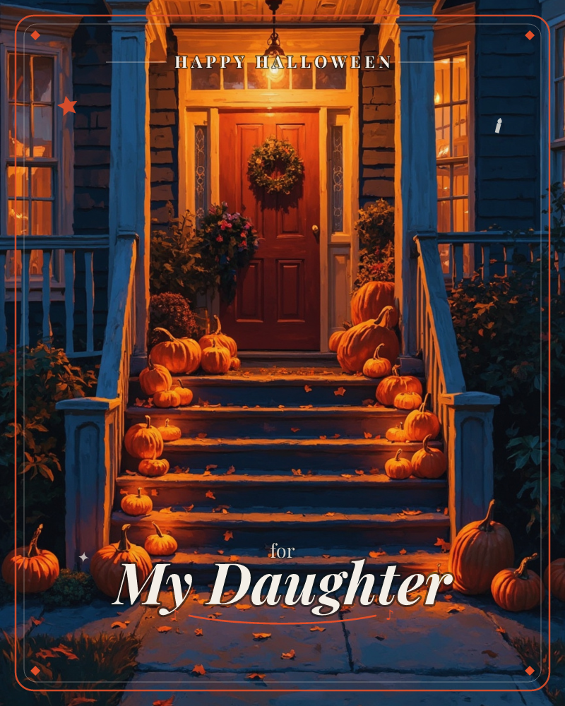 A front porch glows warm against the dusk, its red door hung with a wreath and flanked by lit windows, a halloween e-card design