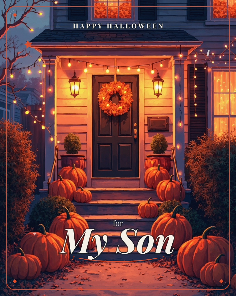 A porch glows at twilight, its steps lined with pumpkins of every size and its dark front door hung with a lit-up orange wreath, a halloween e-card design