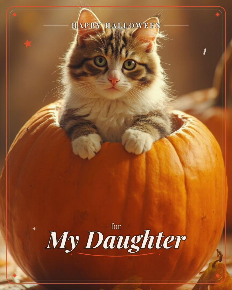 A tabby kitten with white paws peeks out from inside a carved orange pumpkin, resting its front paws on the rim, a halloween e-card design