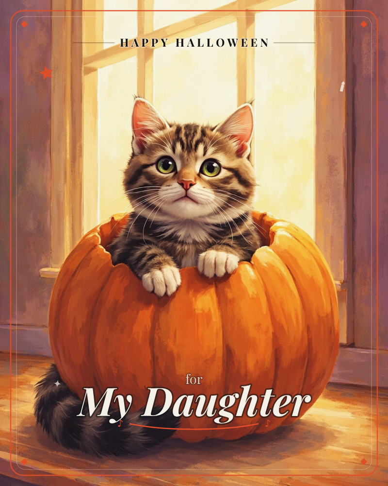A tabby kitten with wide green eyes peers out from inside a hollowed pumpkin, its striped tail curling onto the sunlit windowsill below, a halloween e-card design