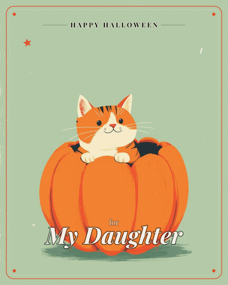 A round orange tabby cat pokes its head and paws out from inside a big carved pumpkin, set against a plain sage-green backdrop, a halloween e-card design