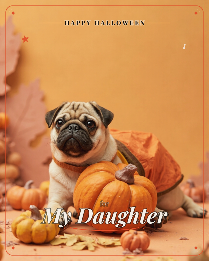 A pug wearing a rumpled orange cape sits among small pumpkins and gourds of every size, paws resting on a big pumpkin in front of it, a halloween e-card design