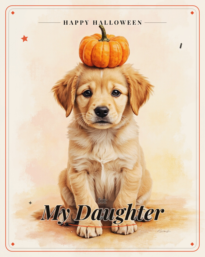 A golden puppy sits squarely facing forward with a small orange pumpkin balanced on top of its head, its big dark eyes looking straight at the viewer, a halloween e-card design