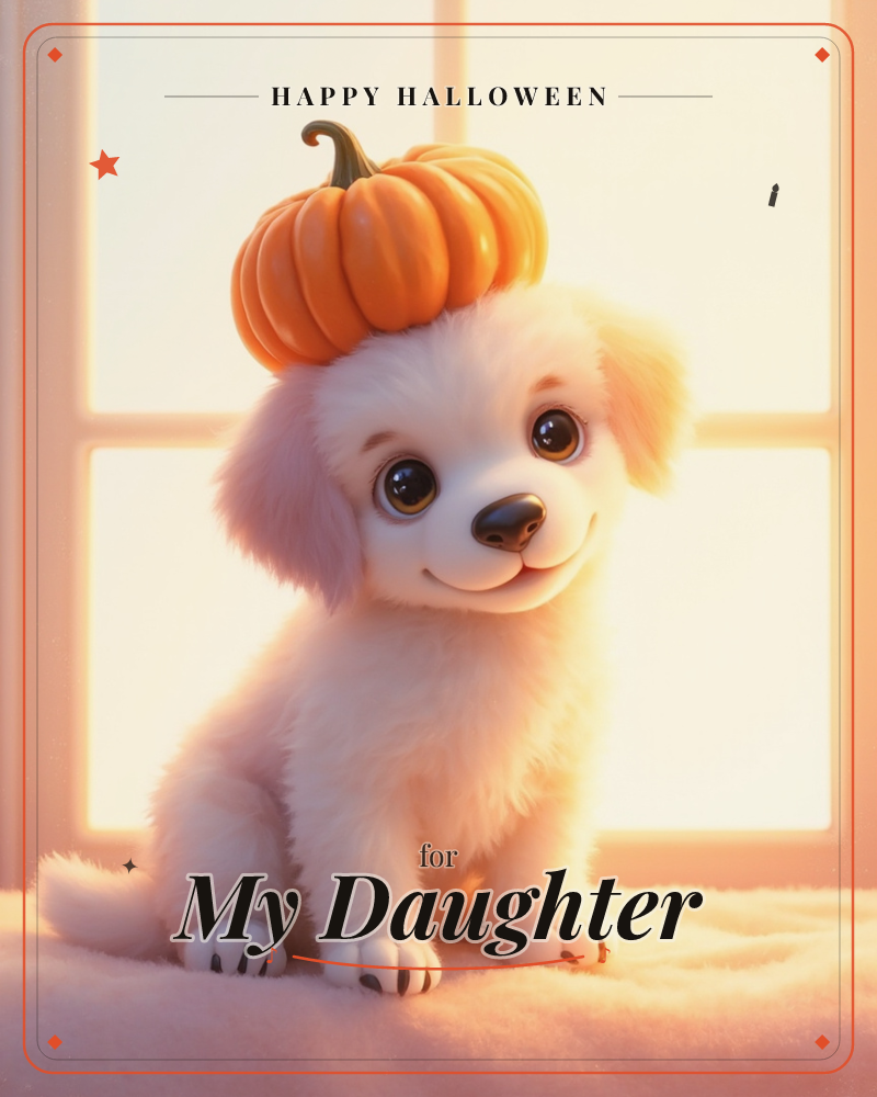 A fluffy cream-colored puppy sits by a sunlit window with a small orange pumpkin balanced on its head, its big brown eyes and soft smile aimed at the…, a halloween e-card design