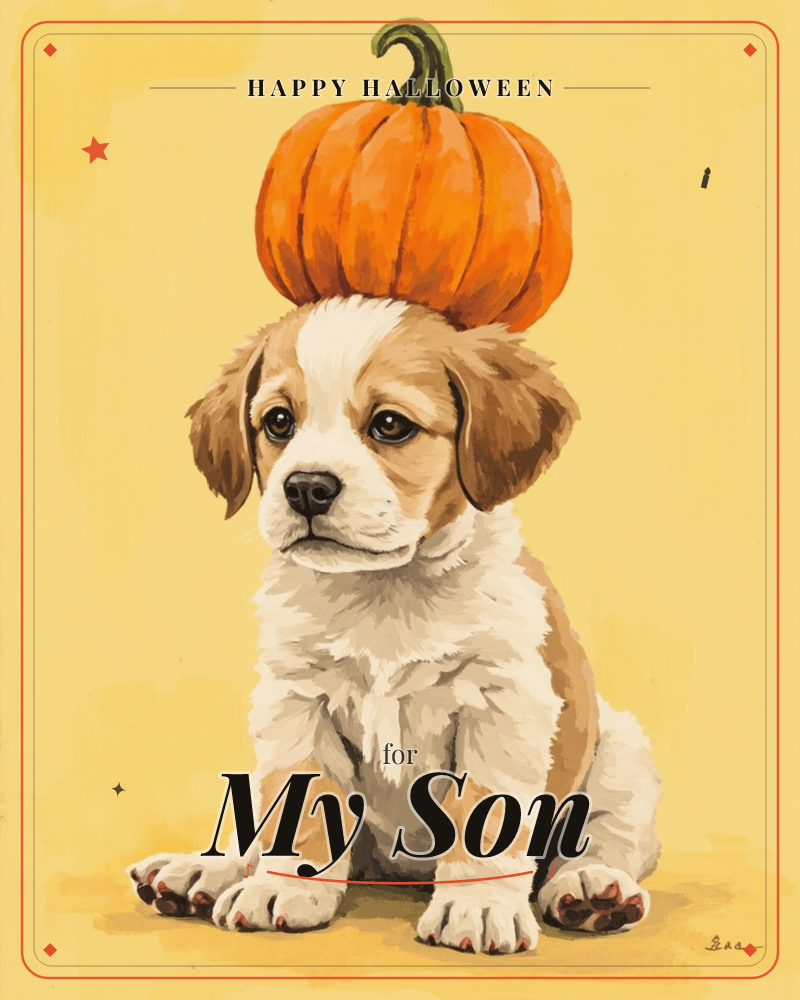 A tan and white puppy sits patiently against a warm yellow background, balancing a plump orange pumpkin on top of its head, a halloween e-card design