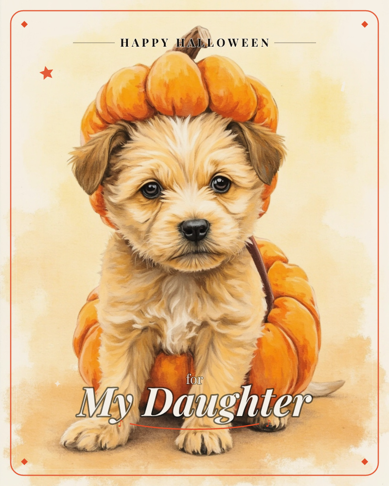 A small tan puppy sits inside a hollowed-out pumpkin costume, with a matching pumpkin hat perched over its ears, a halloween e-card design