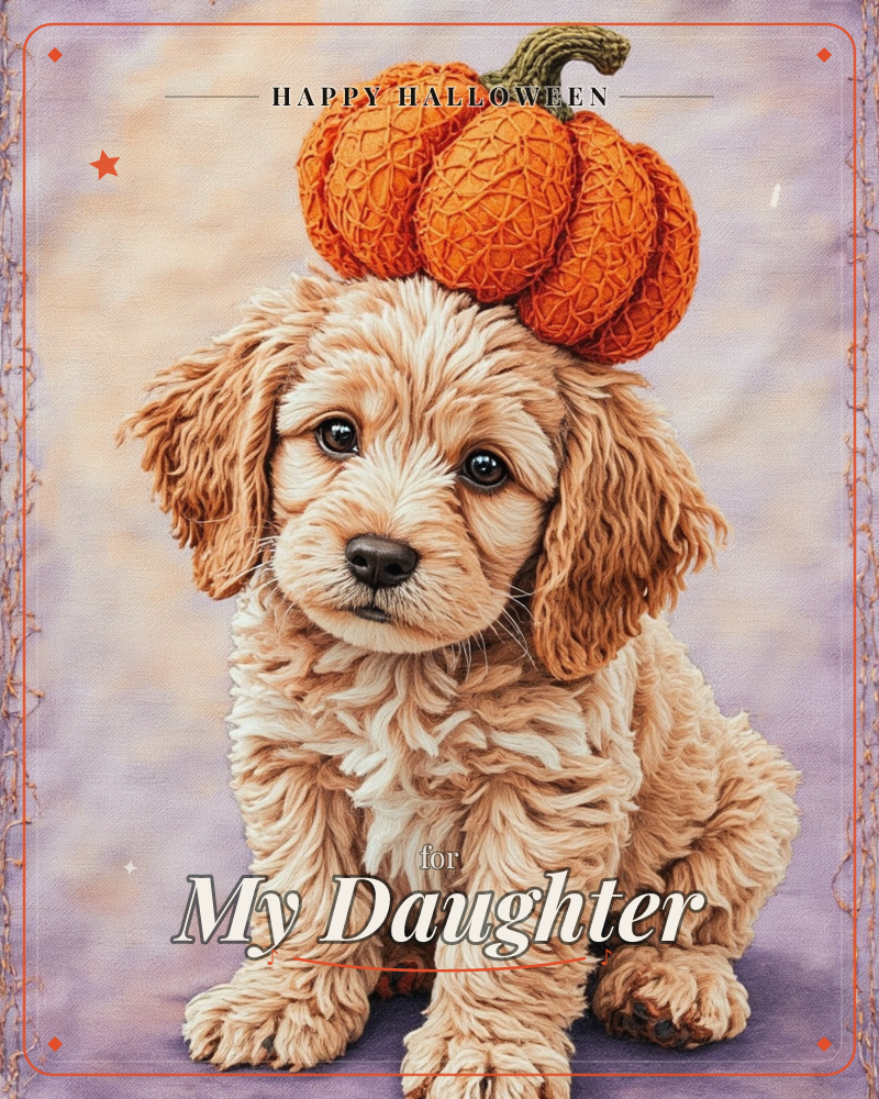 A curly-coated golden puppy sits balancing a small ridged orange pumpkin on top of its head, gazing out with wide dark eyes, a halloween e-card design