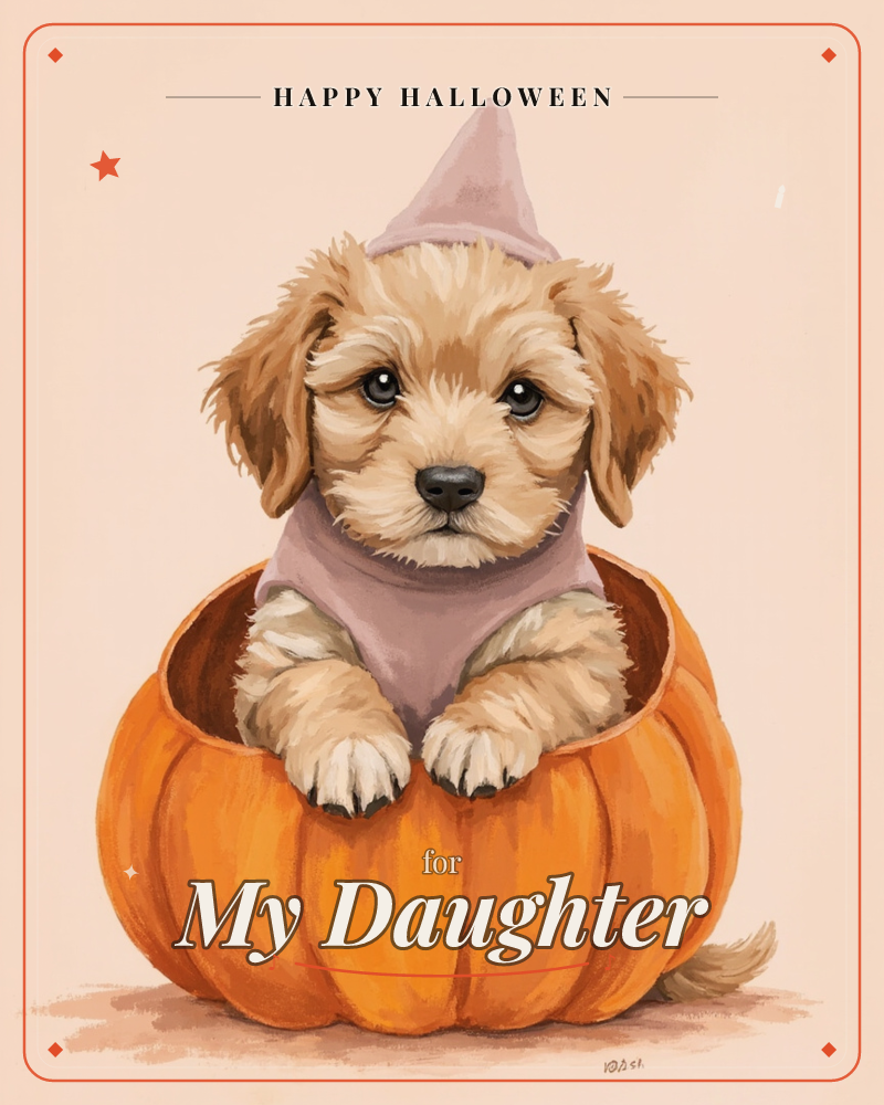 A golden, curly-haired puppy sits nestled inside a hollowed-out orange pumpkin, wearing a soft mauve sweater and a matching pointed hat, a halloween e-card design