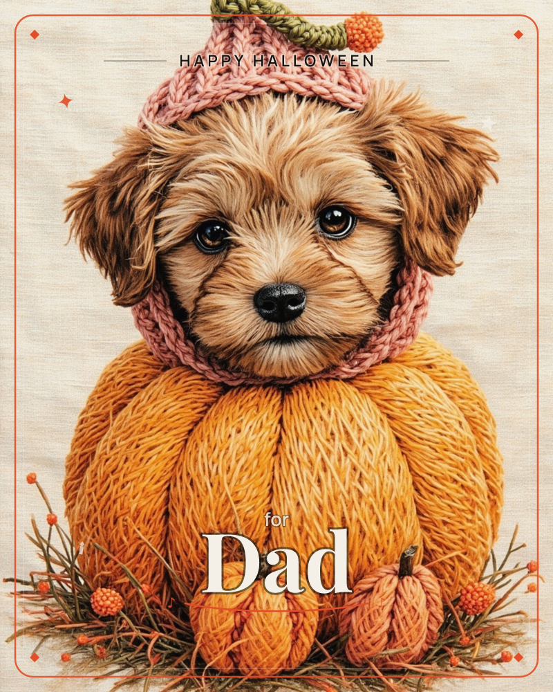A shaggy-eared puppy peers out from a knitted pumpkin costume, its head topped with a pink knit cap finished with a tiny orange pom-pom stem, a halloween e-card design