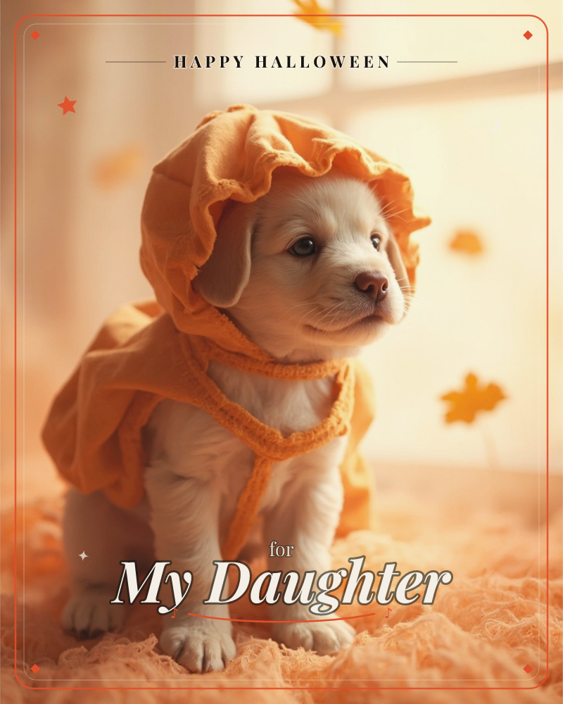 A pale golden puppy sits wrapped in a ruffled orange bonnet and cape, perched on a fluffy orange blanket by a sunlit window, a halloween e-card design