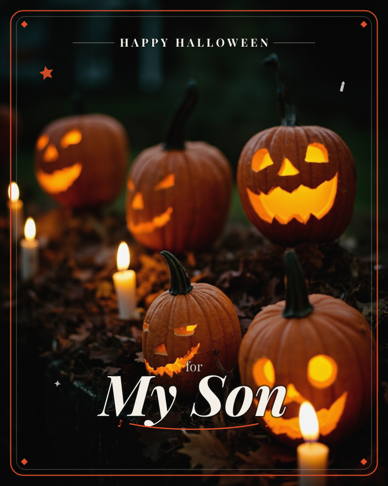A cluster of carved jack-o'-lanterns glow against the dark, their grinning faces lit from within, scattered among dry autumn leaves and flickering…, a halloween e-card design