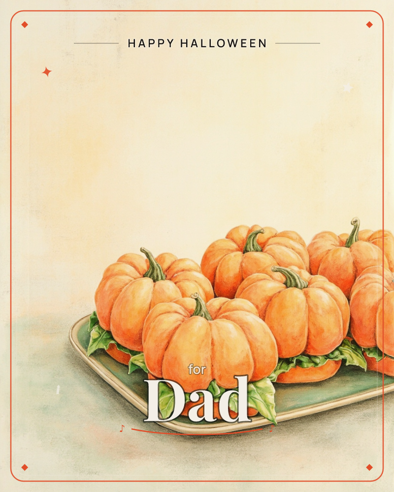 A cluster of small ridged pumpkins with curling green stems sits nestled on green leaves atop a dark tray, painted in soft watercolour against a warm…, a halloween e-card design