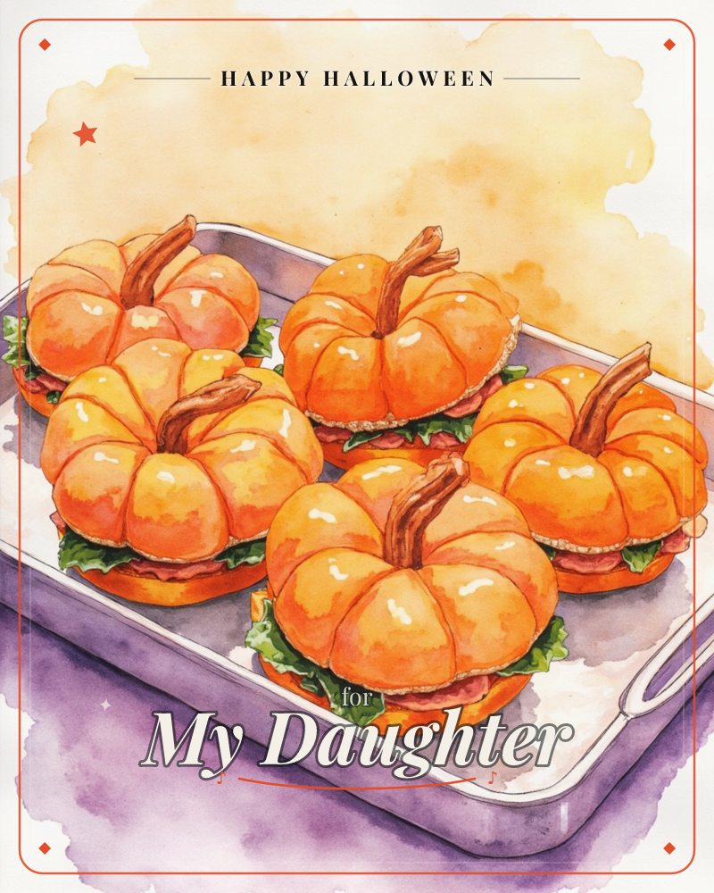 A silver tray holds five glossy orange rolls shaped and scored like little pumpkins, each with a pretzel stick stem, layered underneath with lettuce…, a halloween e-card design