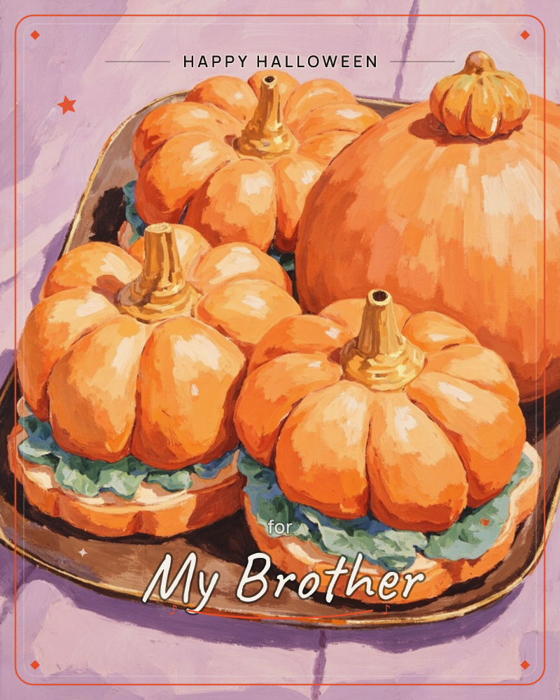 A cluster of ribbed orange pumpkins with golden stems sits piled on a dark tray, two of them perched improbably atop open sandwiches layered with…, a halloween e-card design