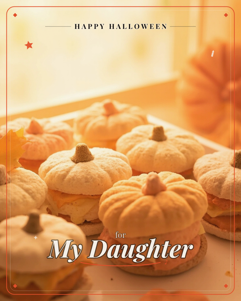 A row of pumpkin-shaped macarons sits on a white tray, their ridged shells dusted in soft cream and golden hues with tiny stem-shaped tips on top, a halloween e-card design