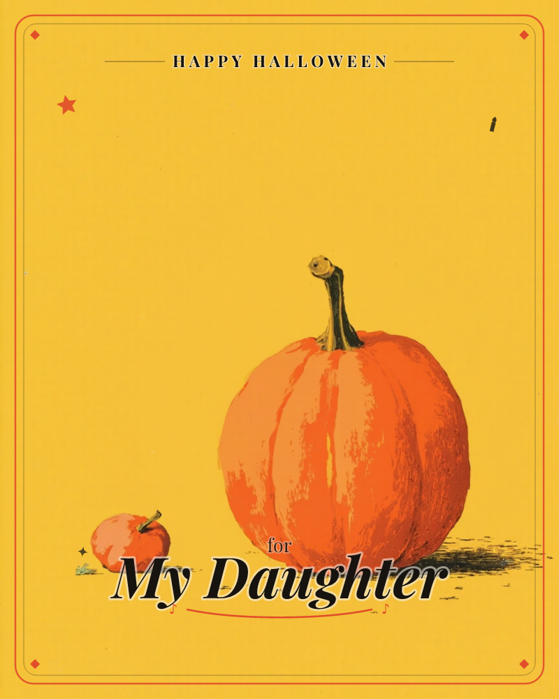 A large ribbed orange pumpkin with a thick curling stem stands beside one tiny pumpkin on a flat mustard-yellow background, a halloween e-card design